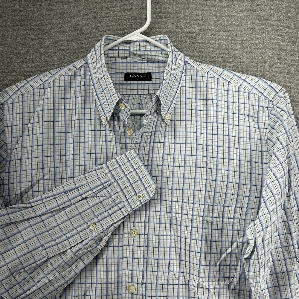 Canali Sportswear Dress Shirt Men Size Large Blue White Checked Long Sleeve